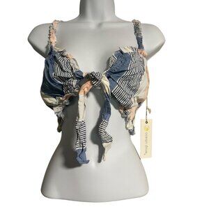 Ocean Drive Striped Smocked Ruffle Trim Crop Top Tie Front Blue/Pink Womens L